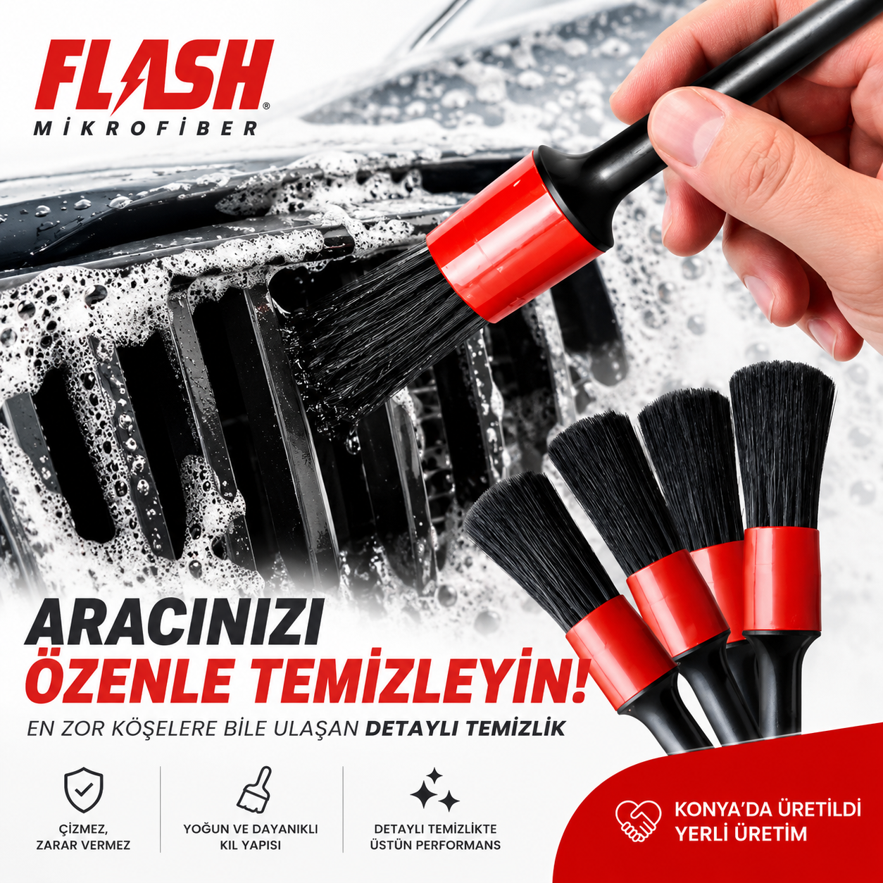 Flash Bez 5'li Uçları Değişebilen Oto Detay Fırça Seti