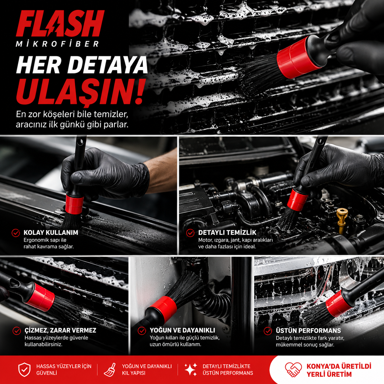 Flash Bez 5'li Uçları Değişebilen Oto Detay Fırça Seti
